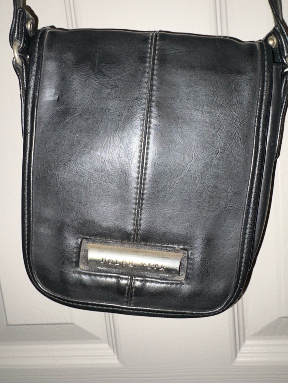 Dolce Vita Black Crossbody Messenger Bag with Metal Logo Plate